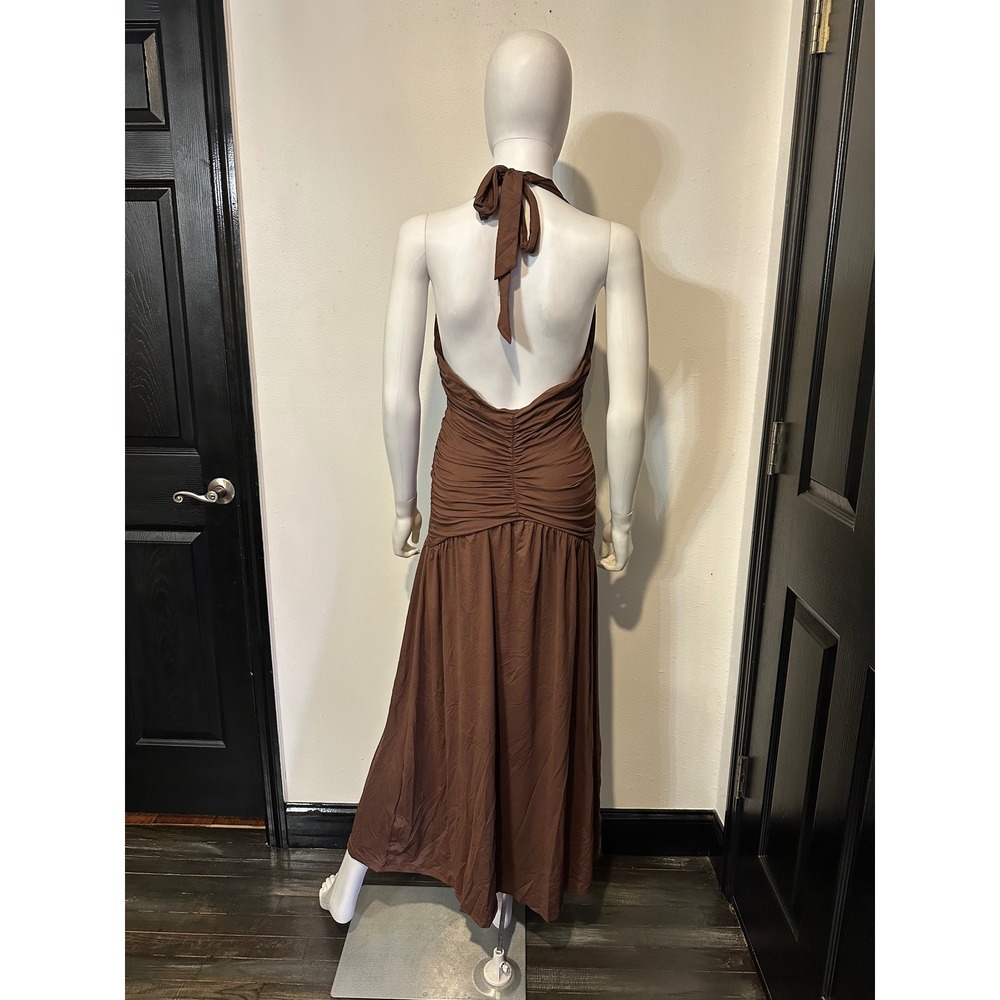 SHEIN chocolate Brown Halter Maxi Dress Plunging Ruched Slit Backless Evening - Picture 4 of 4